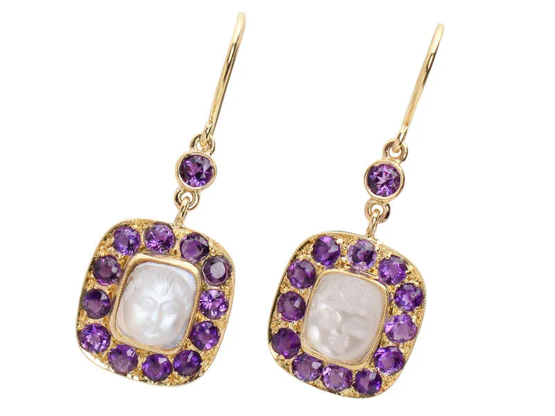 Antique Carved Baby Face Moonstone & Amethyst Earrings