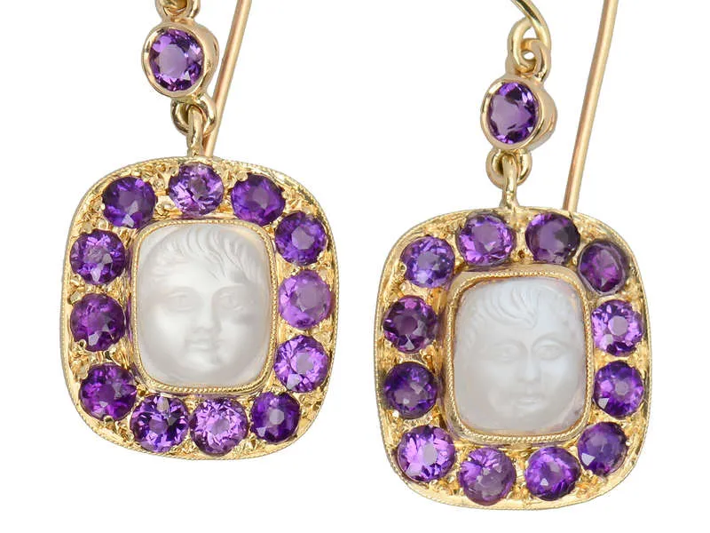 Antique Carved Baby Face Moonstone & Amethyst Earrings