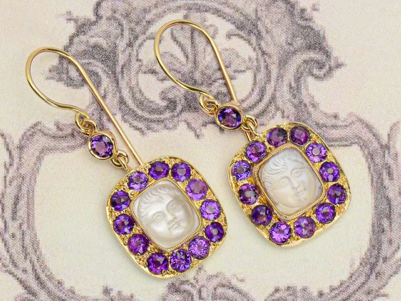 Antique Carved Baby Face Moonstone & Amethyst Earrings