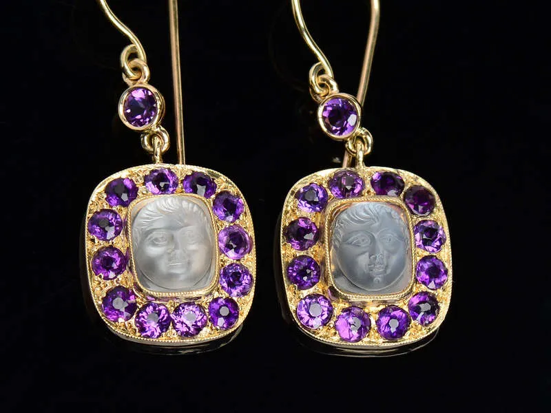 Antique Carved Baby Face Moonstone & Amethyst Earrings