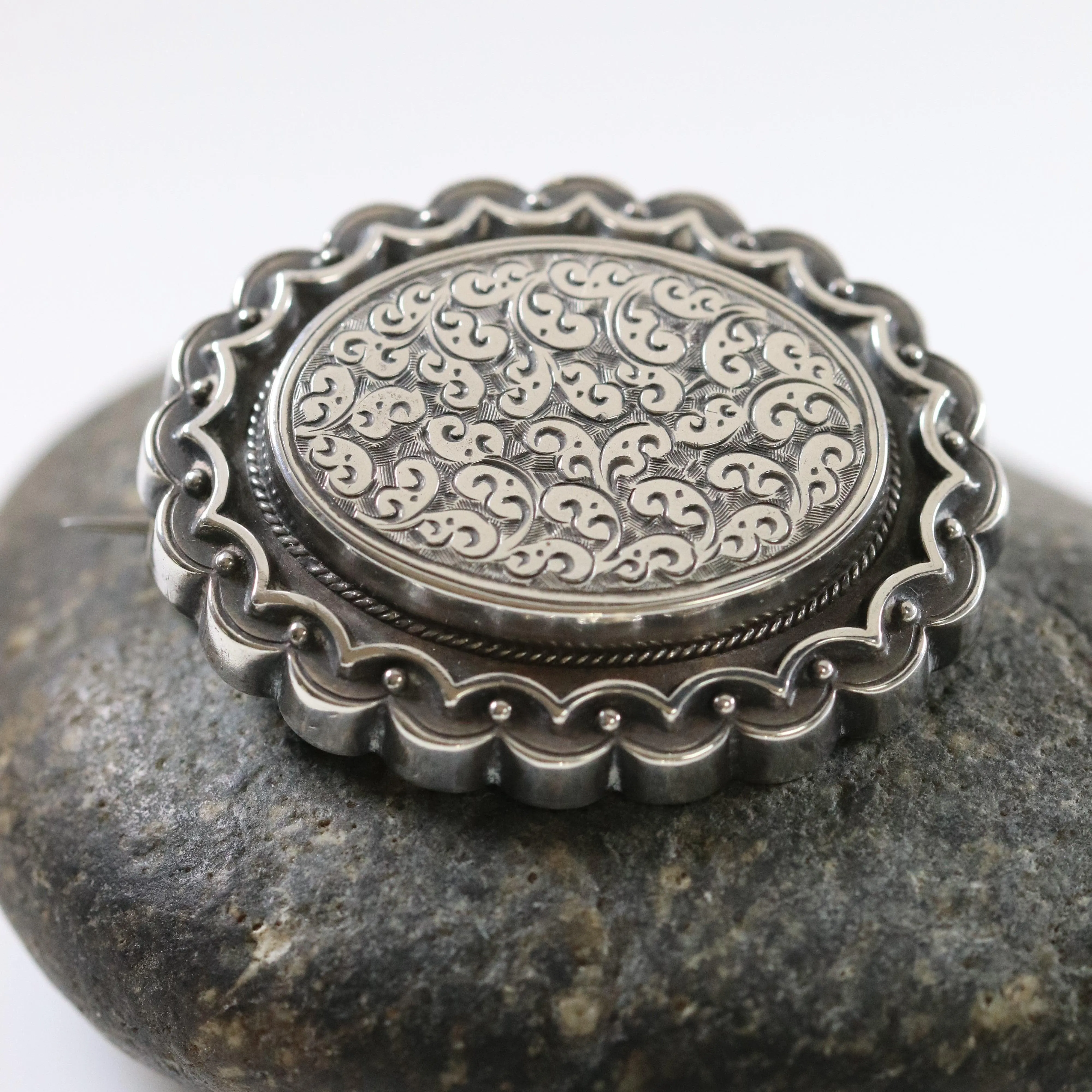 Antique English Silver Jewelry | Victorian Locket Brooch