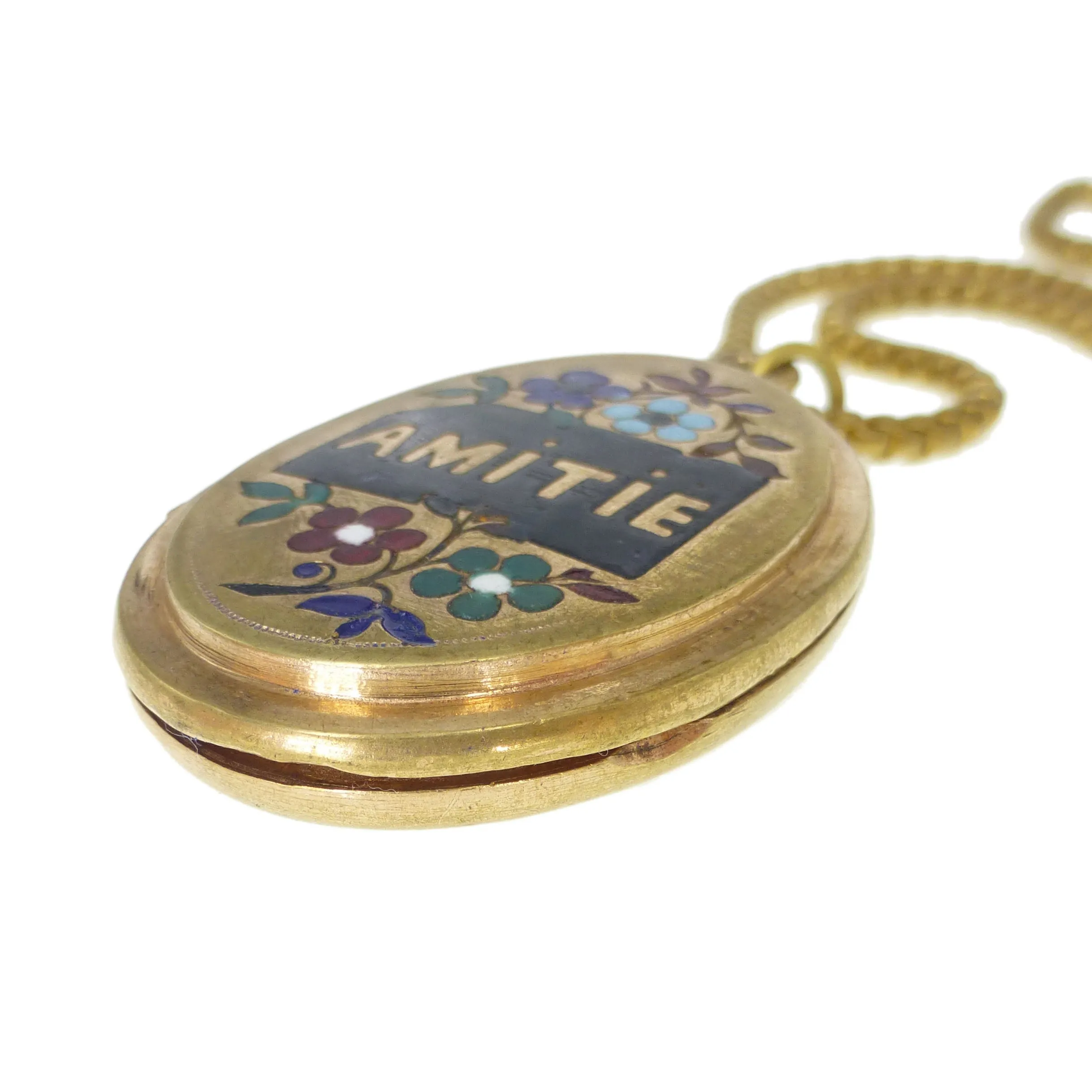 Antique French 'Amitie' Floral Enamel Locket Necklace