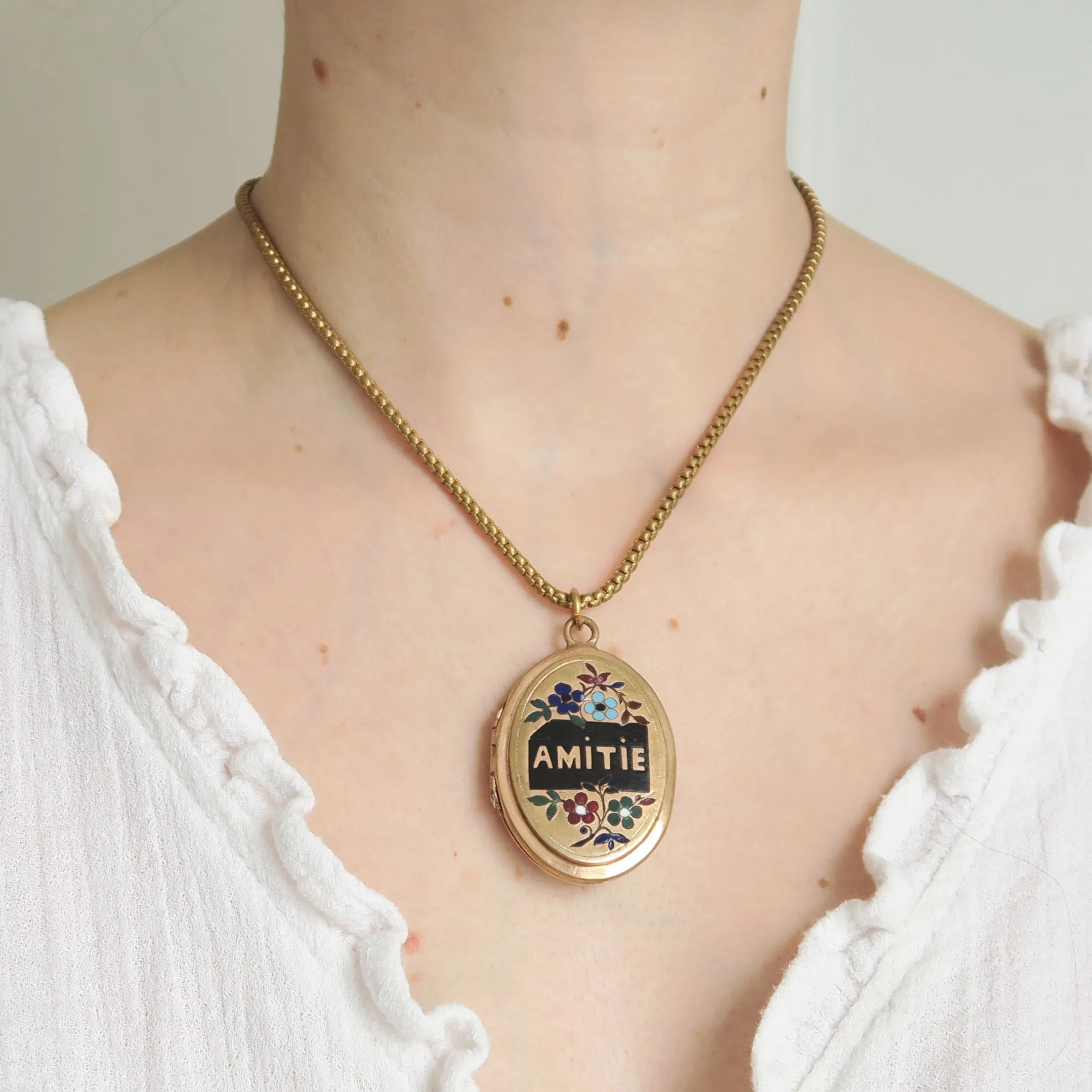 Antique French 'Amitie' Floral Enamel Locket Necklace