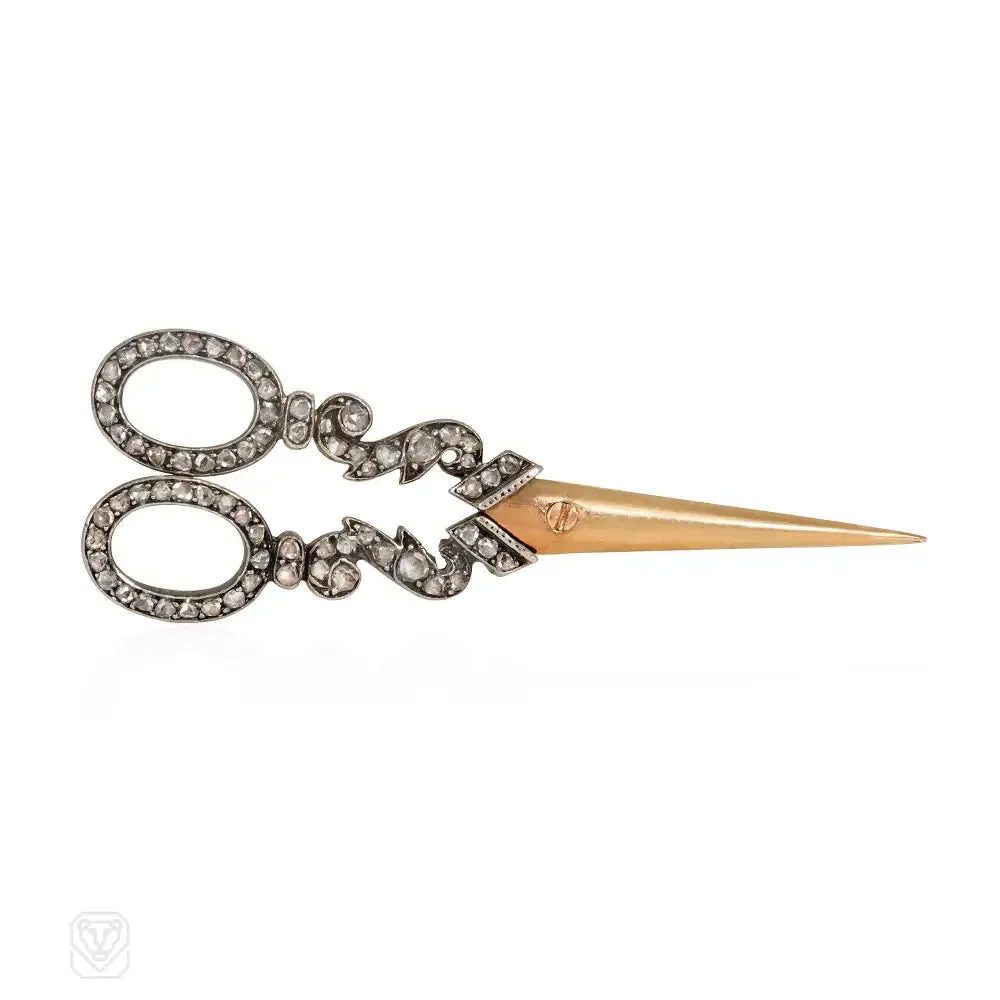 Antique gold and diamond movable scissors brooch