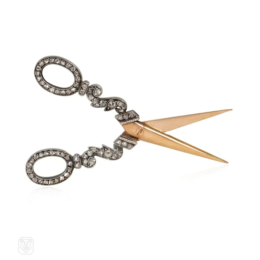 Antique gold and diamond movable scissors brooch