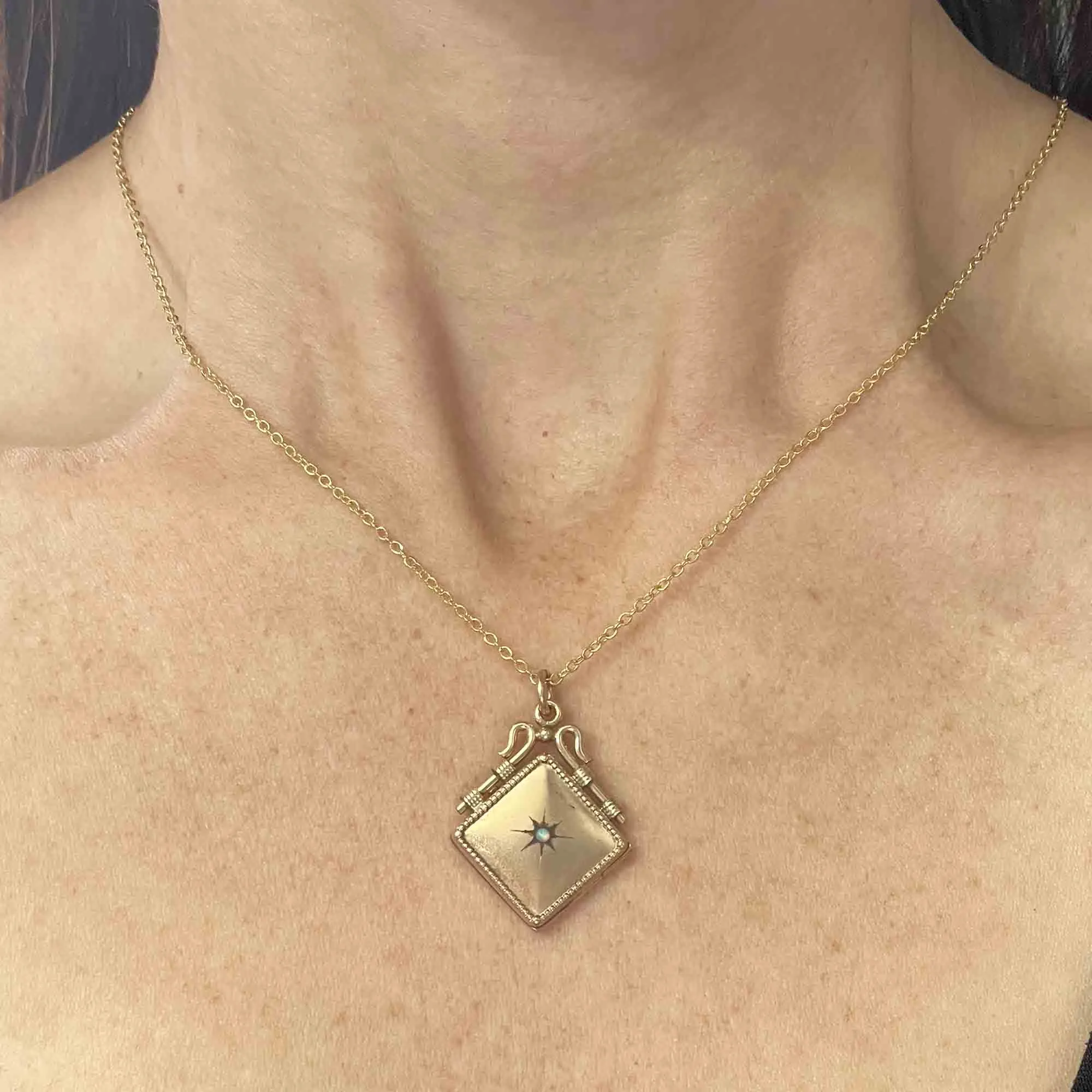 Antique Opal Starburst Square Gold Filled Locket Necklace