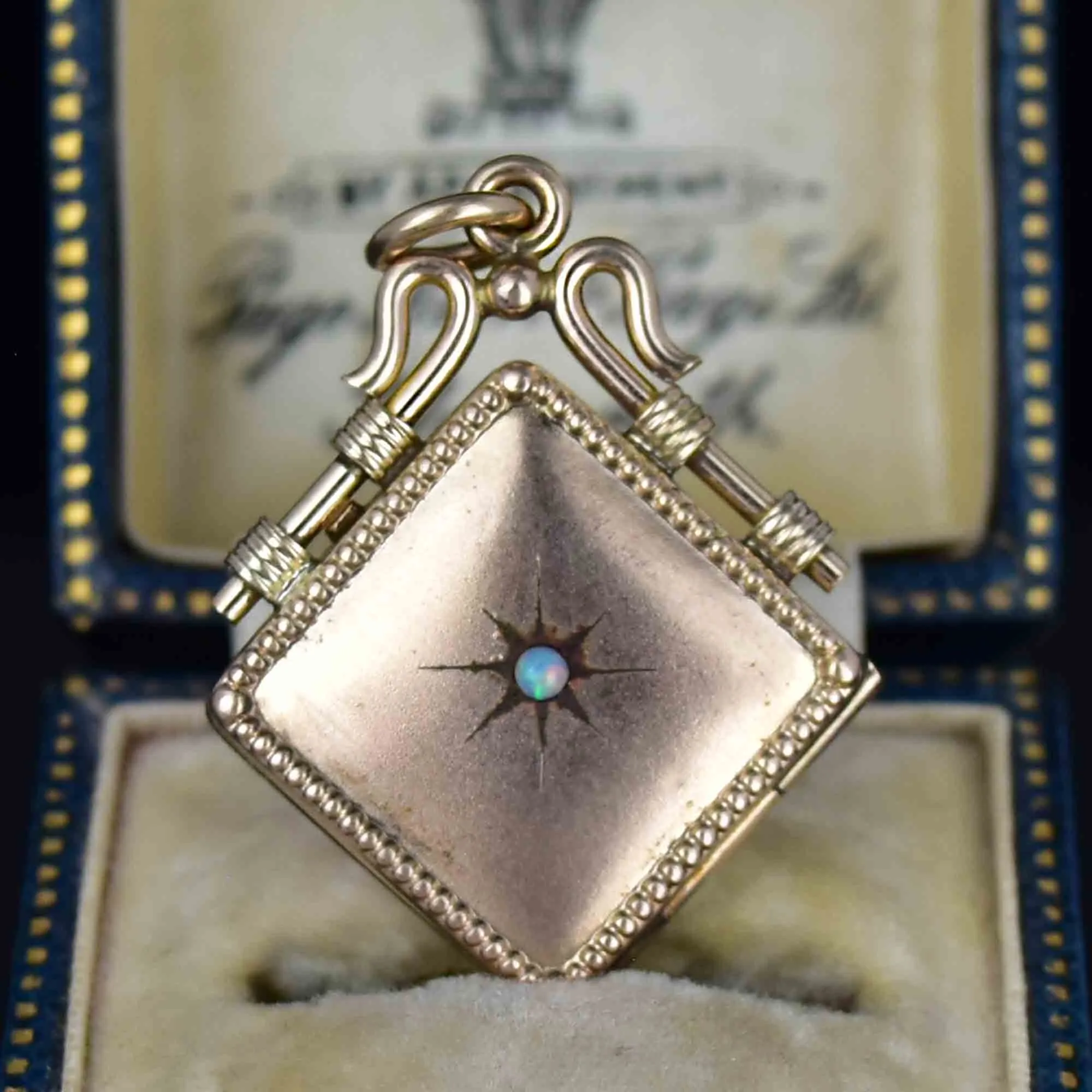 Antique Opal Starburst Square Gold Filled Locket Necklace