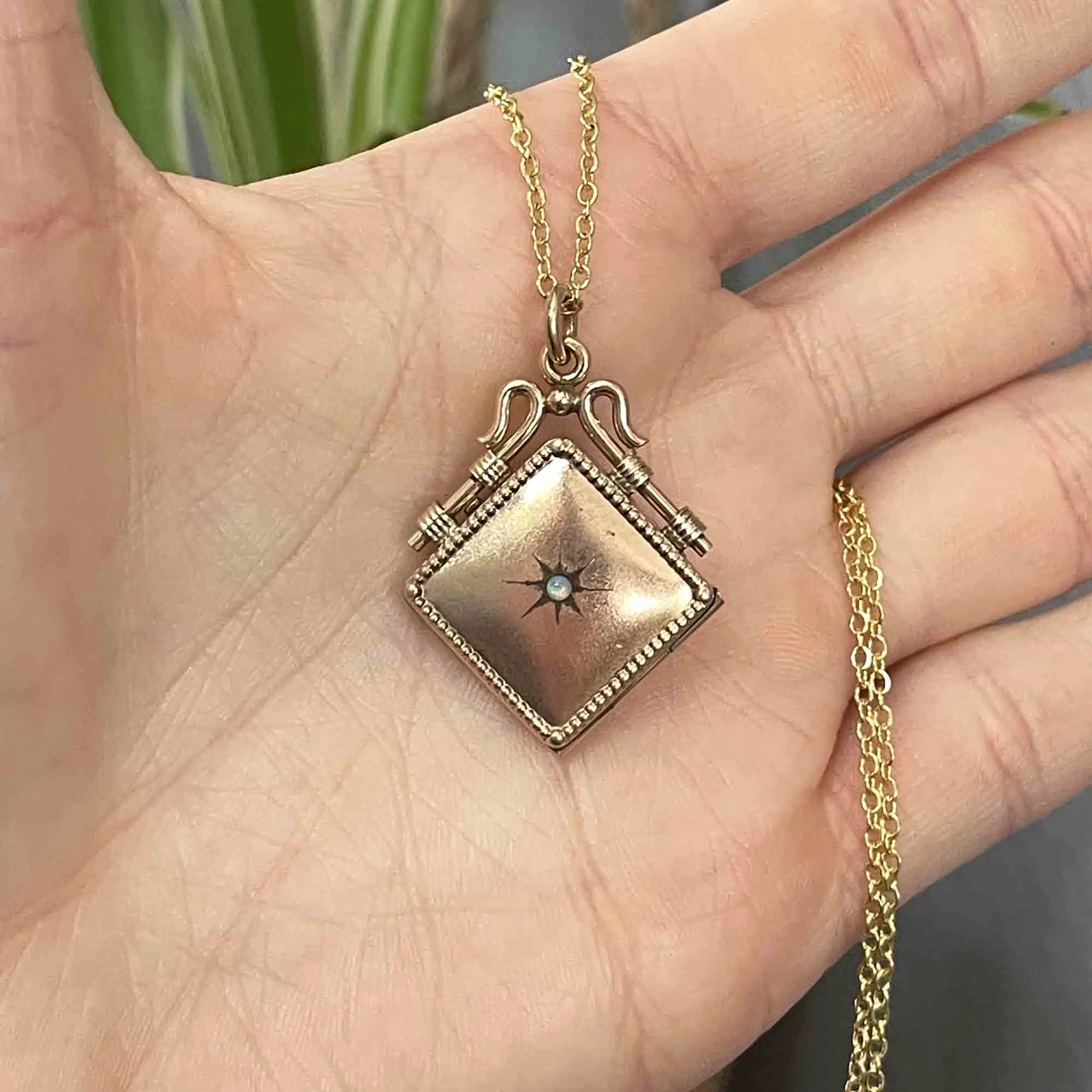 Antique Opal Starburst Square Gold Filled Locket Necklace