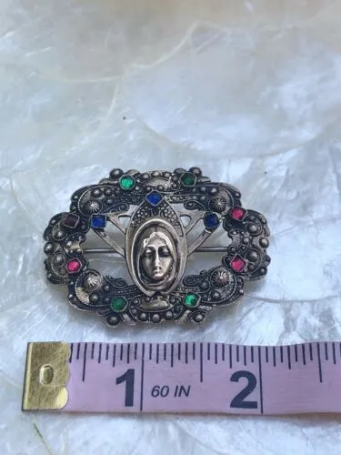 Antique Ornate Floral Motif Woman Gold Tone & Multi Color Rhinestone Pin Brooch