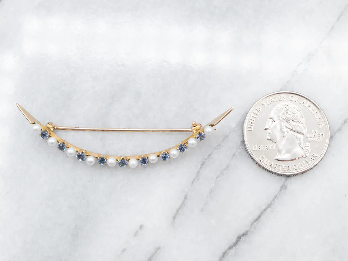 Antique Sapphire and Seed Pearl Crescent Moon Brooch