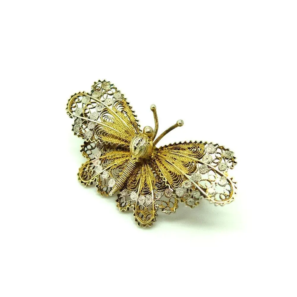 Antique Victorian Filigree Moth Butterfly Silver Gilt Brooch