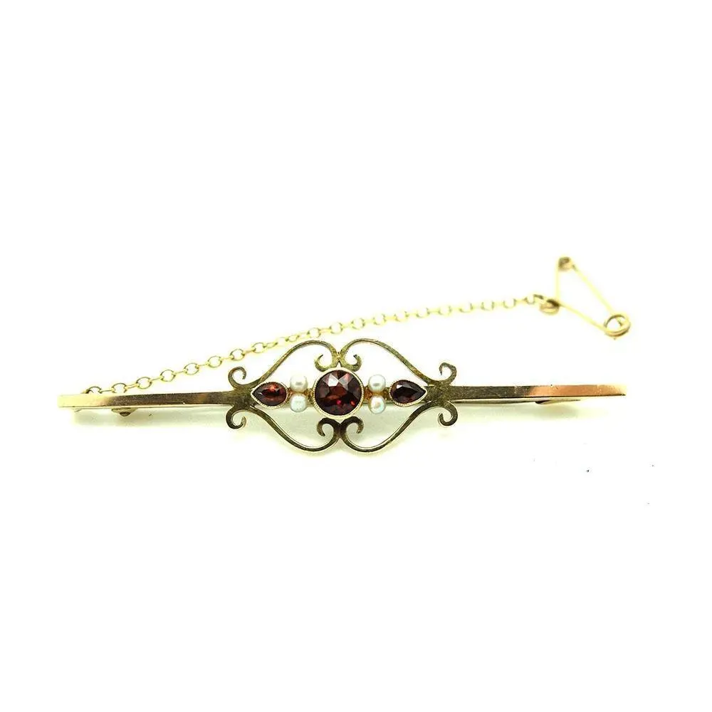 Antique Victorian Garnet 9ct Gold Bar Gemstone Brooch