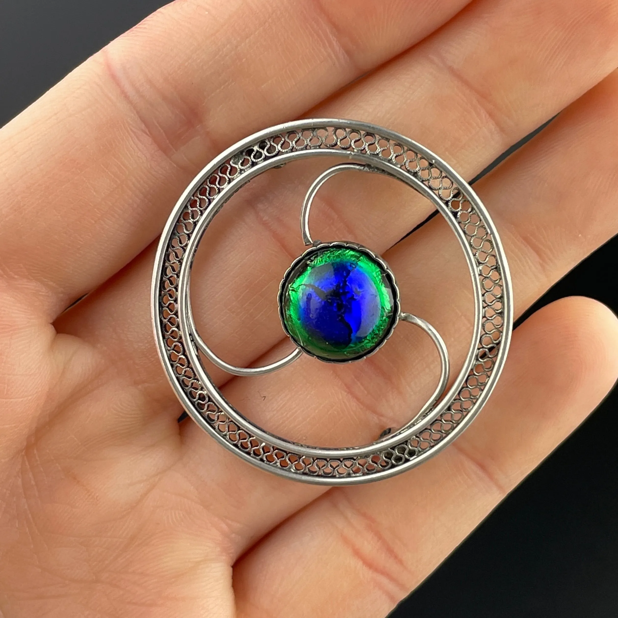 Art Deco Silver Peacock Eye Brooch Pin