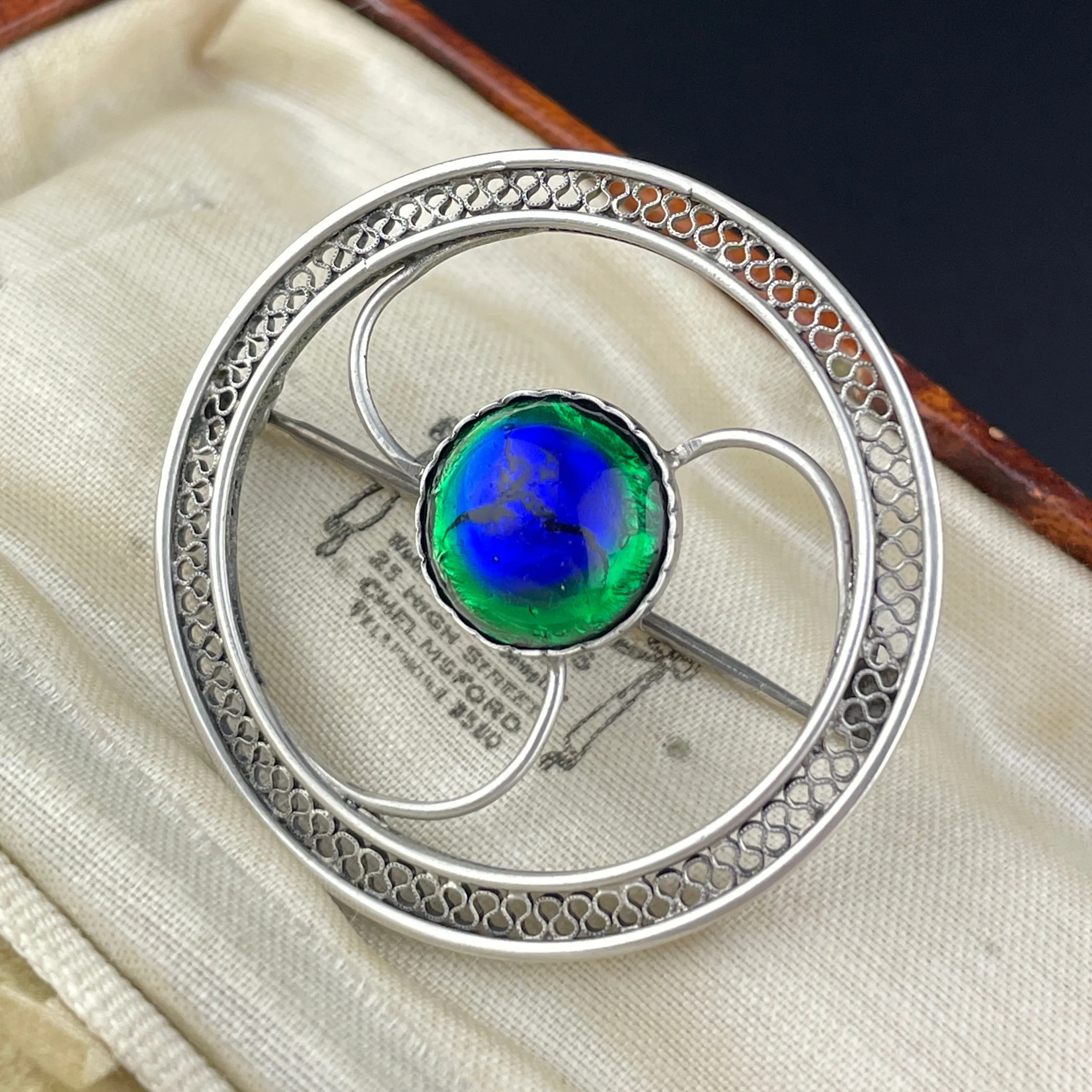 Art Deco Silver Peacock Eye Brooch Pin