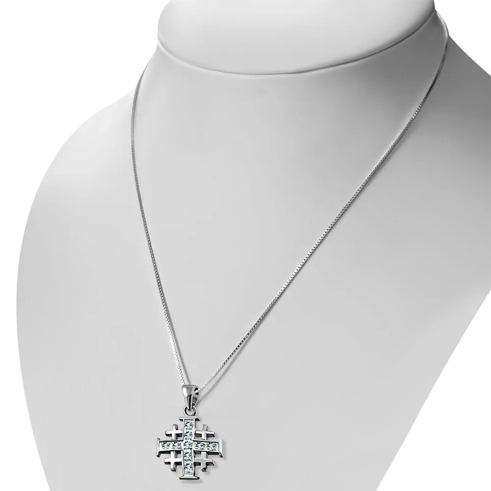 Blue Topaz CZ Jerusalem Cross Silver Pendant