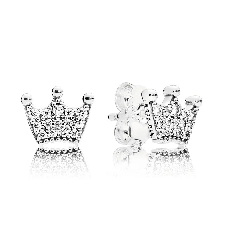 Crown silver stud earrings with clear cubic zirconia