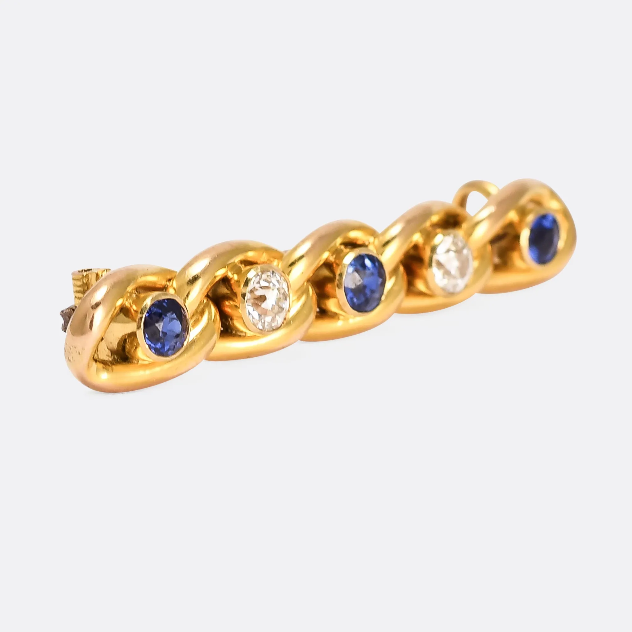 Edwardian Sapphire & Diamond Curb-Link Bar Brooch