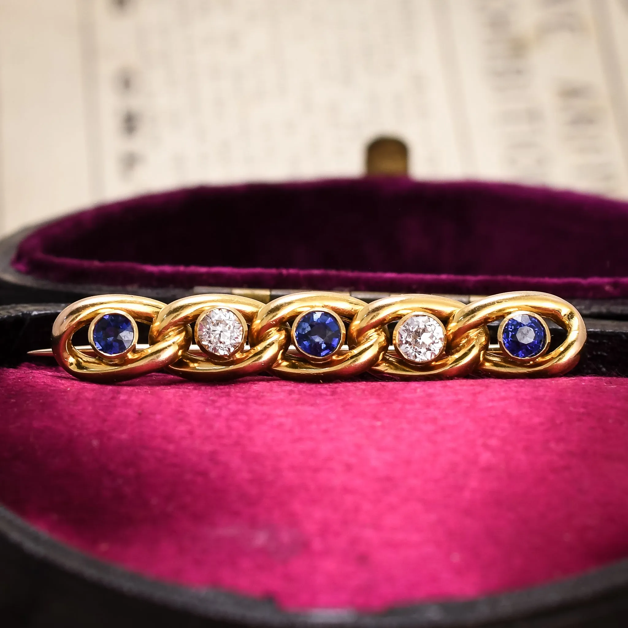 Edwardian Sapphire & Diamond Curb-Link Bar Brooch