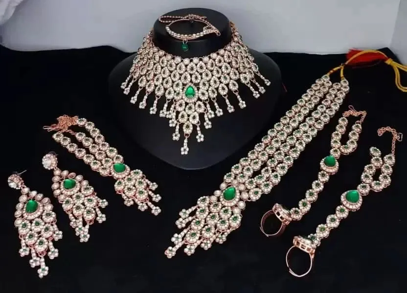 Elegant Silver Polish Bridal Jewelry Set with Choker, Necklace, and Accessories (Green)