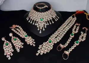 Elegant Silver Polish Bridal Jewelry Set with Choker, Necklace, and Accessories (Green)