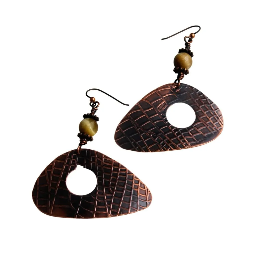 Etched Copper Axe Statement Earrings with Yellow Tigers Eye