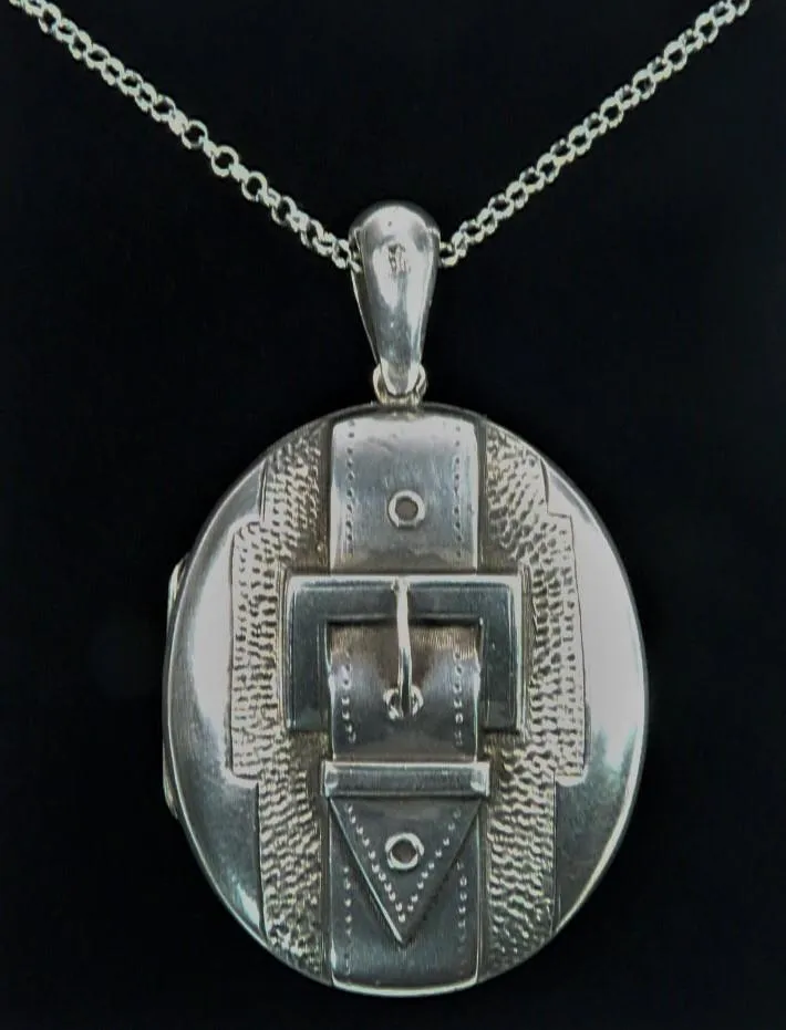 Exceptional Victorian Aesthetic Sterling Silver Belt Buckle Stork Locket With 18 Inch Sterling Silver Necklace