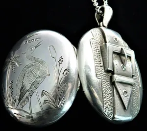 Exceptional Victorian Aesthetic Sterling Silver Belt Buckle Stork Locket With 18 Inch Sterling Silver Necklace