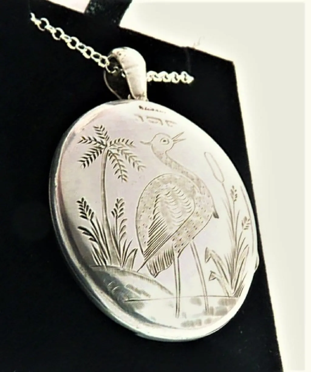 Exceptional Victorian Aesthetic Sterling Silver Belt Buckle Stork Locket With 18 Inch Sterling Silver Necklace