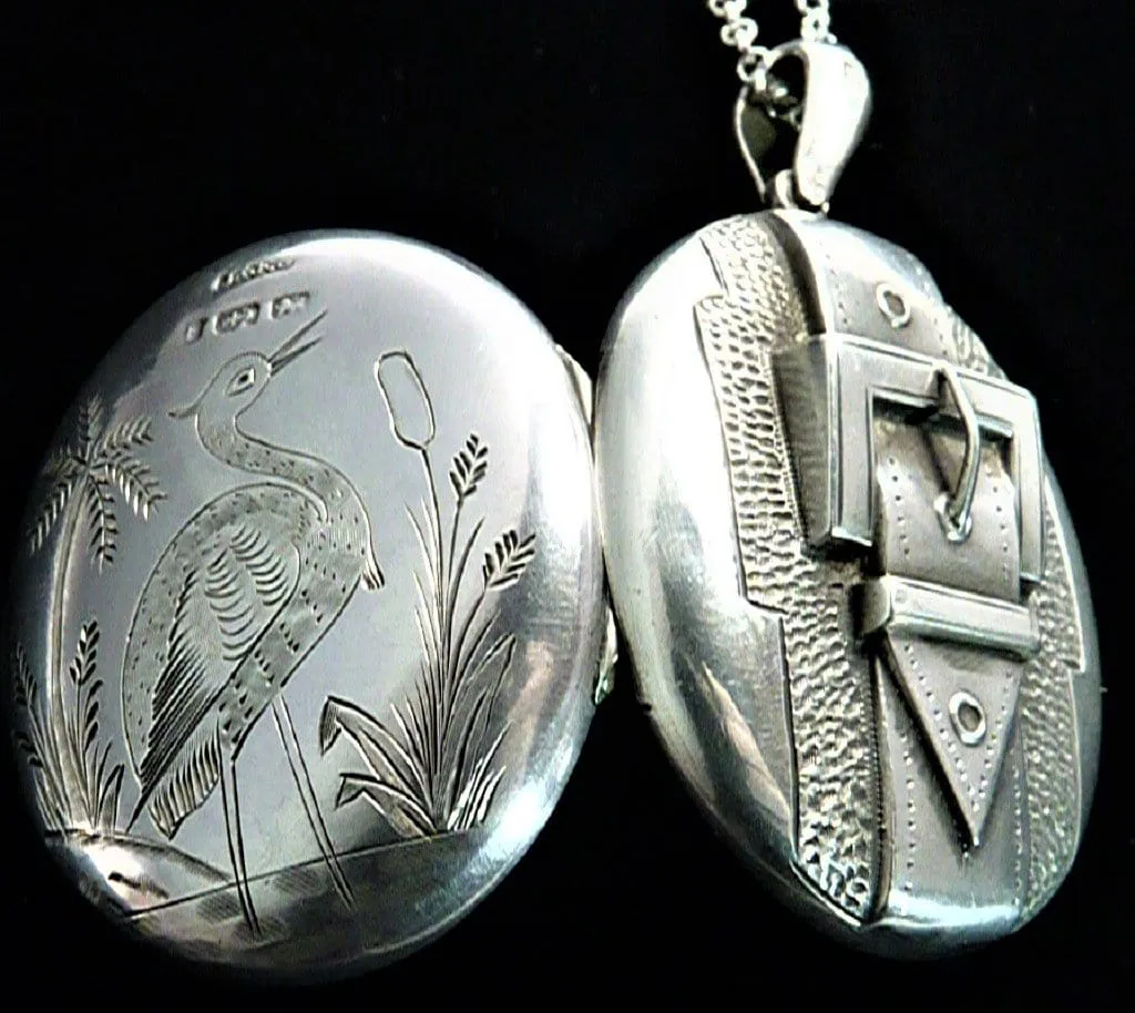 Exceptional Victorian Aesthetic Sterling Silver Belt Buckle Stork Locket With 18 Inch Sterling Silver Necklace