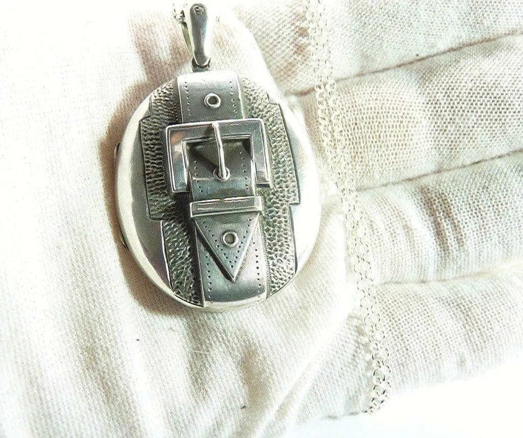 Exceptional Victorian Aesthetic Sterling Silver Belt Buckle Stork Locket With 18 Inch Sterling Silver Necklace