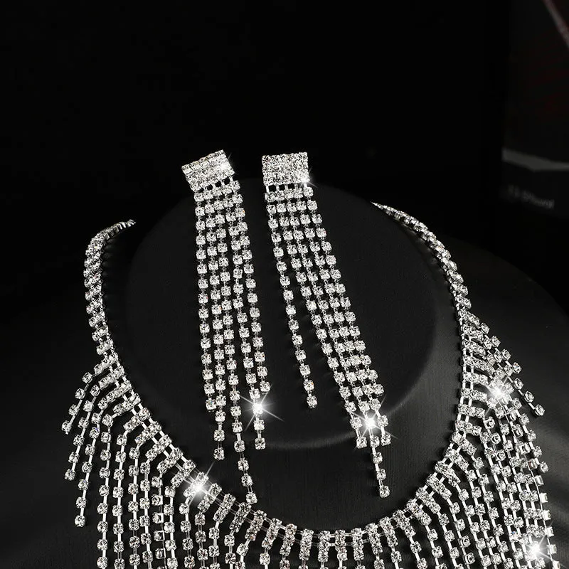 Fashionable tassel necklace and earrings two-piece set, light luxury, cross-border exquisite bridal accessories jewelry