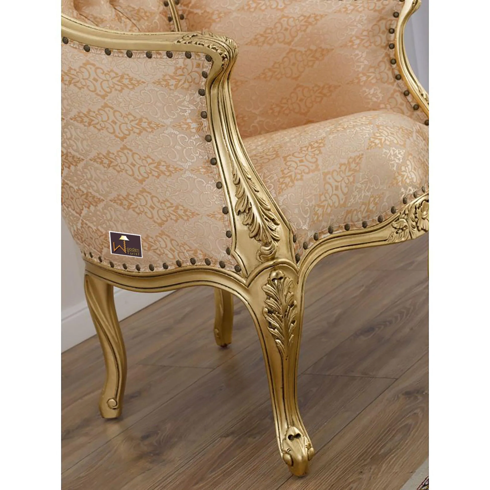 French Baroque Style Champagne Sofa Chair Gold Leaf