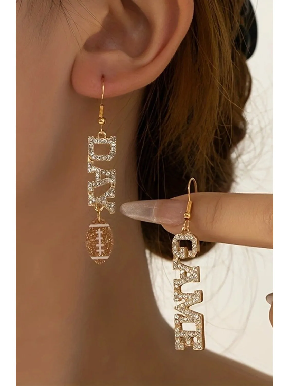 Gold GAME DAY Rugby Rhinestone Dangle Earrings