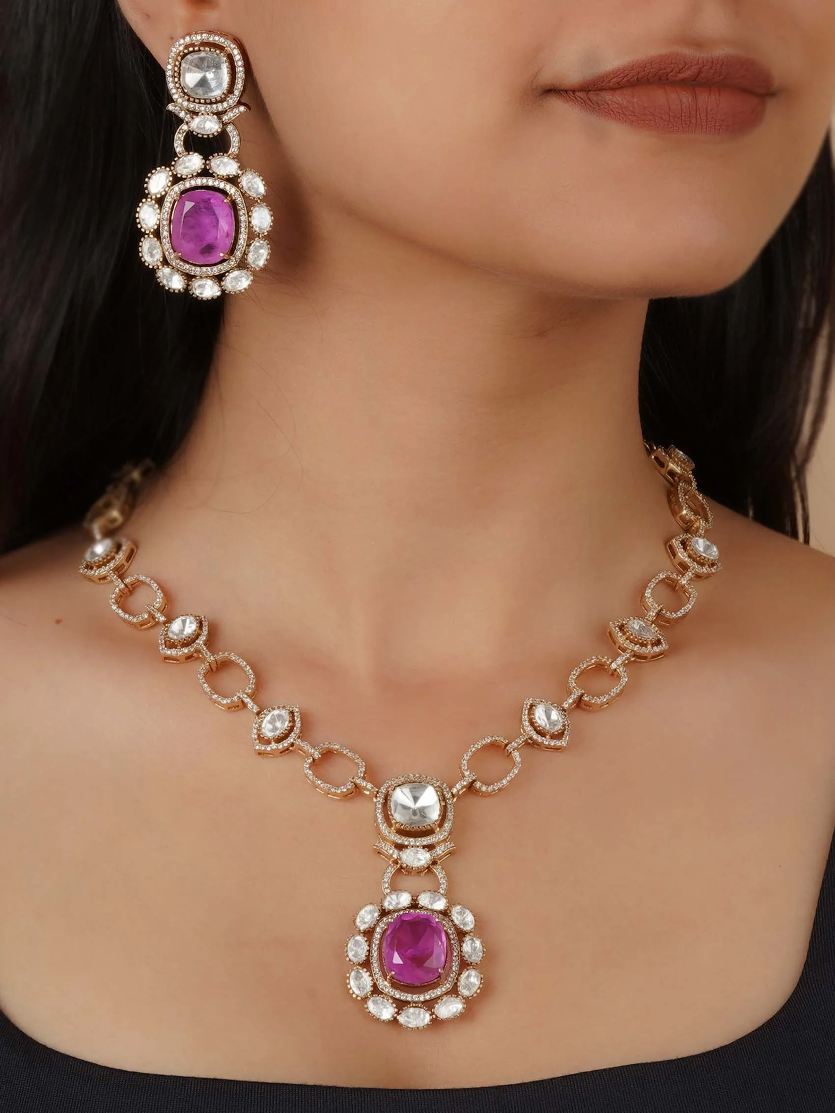 Gold Plated Faux Polki Necklace Set - PK-S253