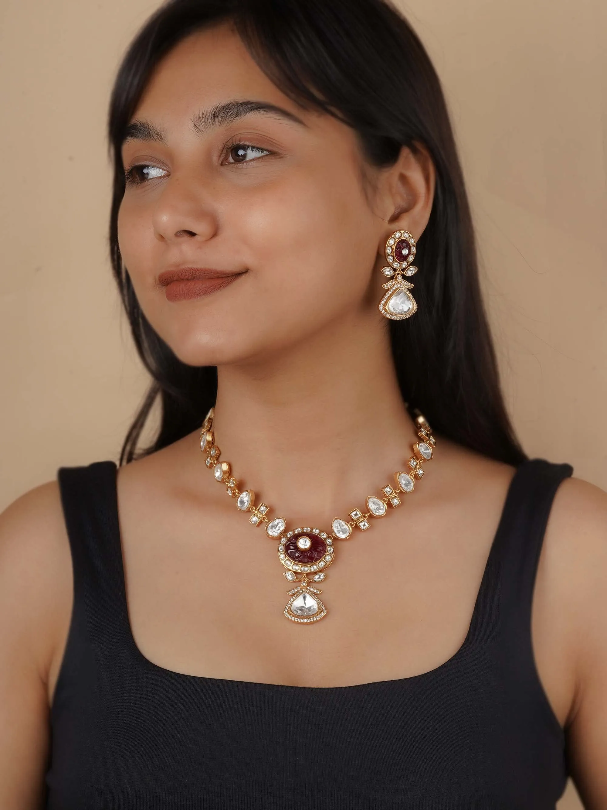 Gold Plated Faux Polki Necklace Set - PK-S269