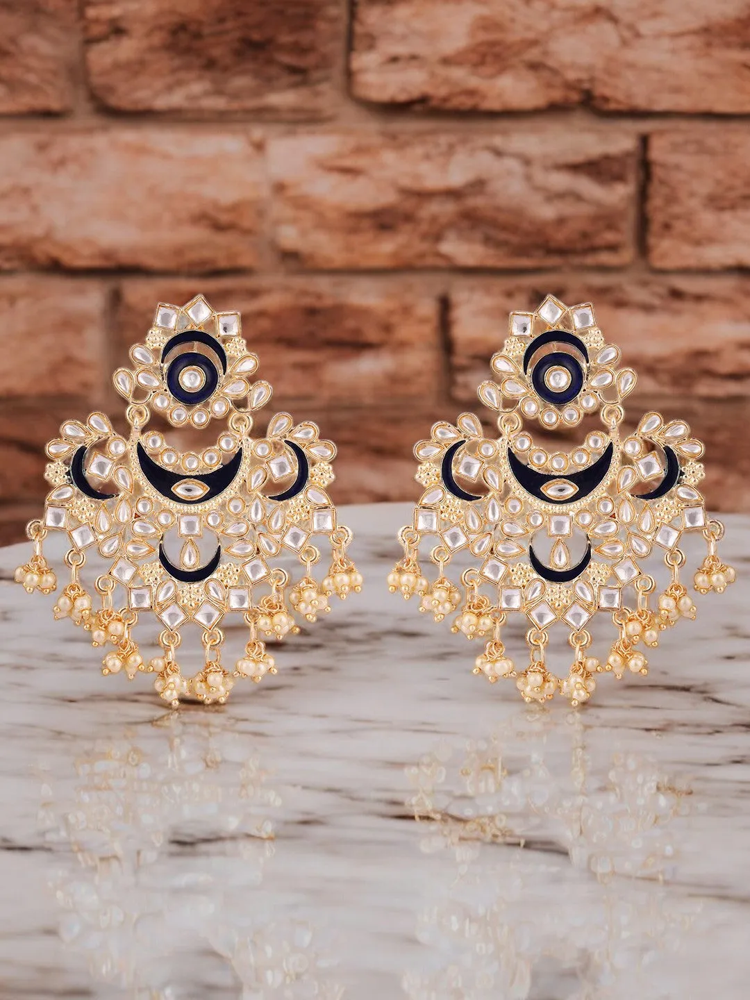 Gold Plated Partywear Meenakari Kundan studded Blue Colour Earring Set, Indian Jewelry