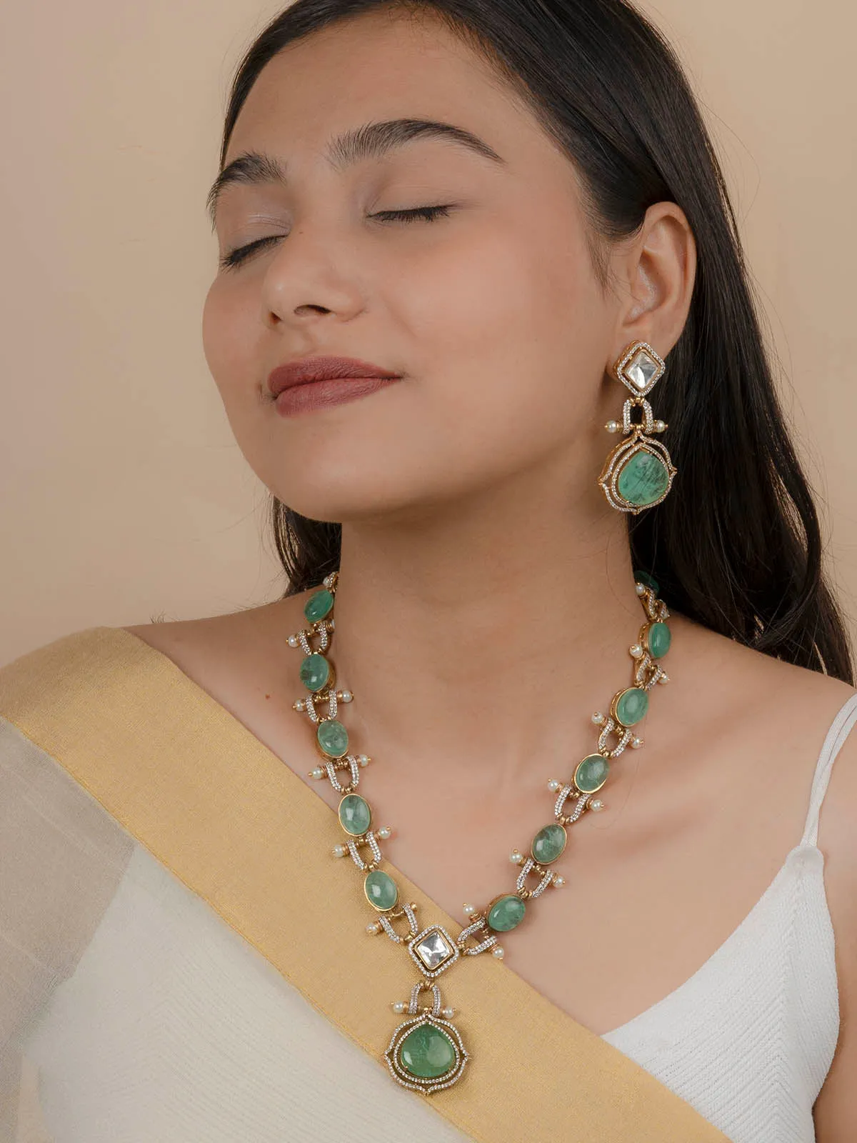 Green Color Gold Plated Faux Polki Necklace Set - PK-S107LGR