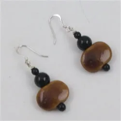 Honey Brown  Kazuri and Onyx Earrings