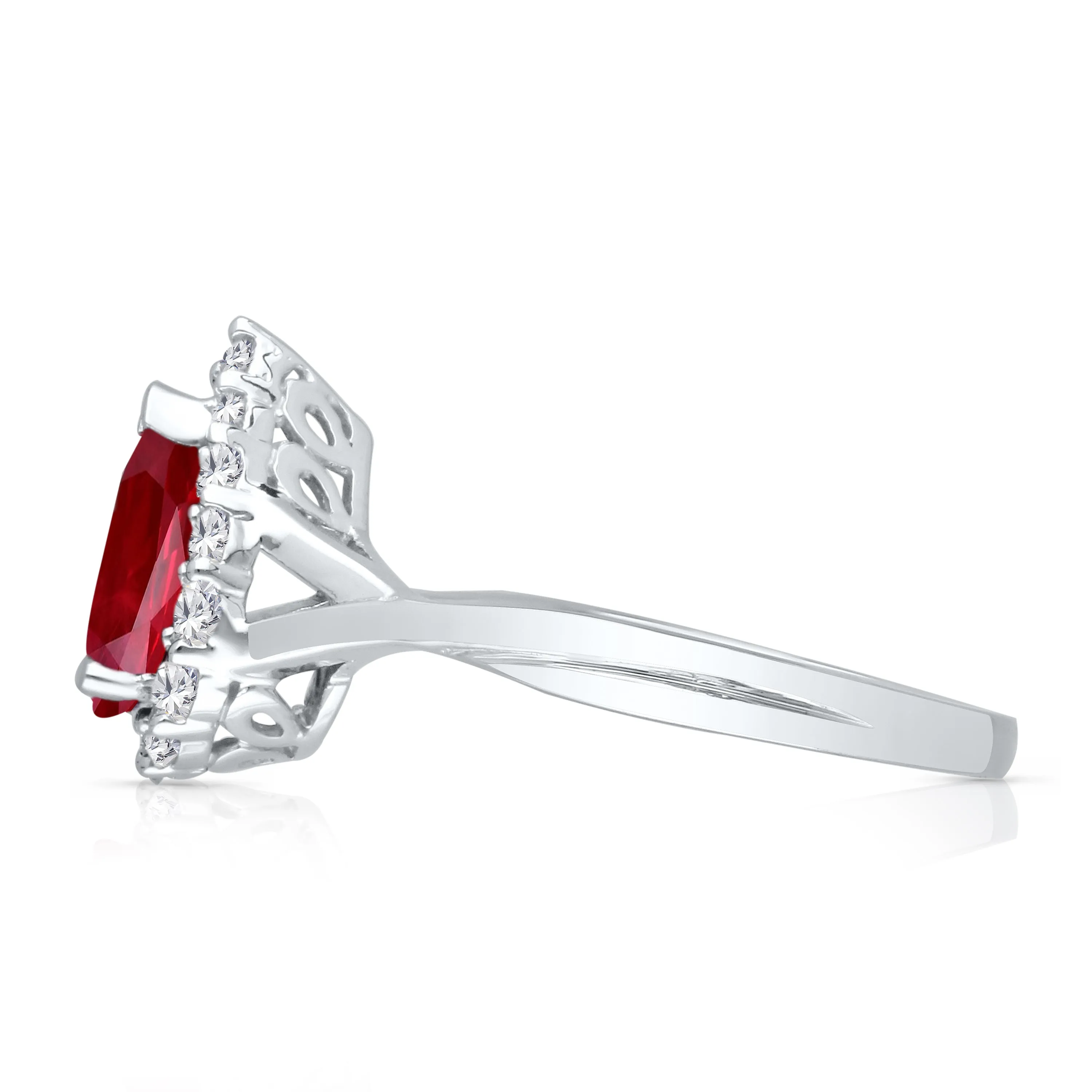 Kallati Heirloom Pear Shaped Ruby & Diamond Ring in 14K White Gold