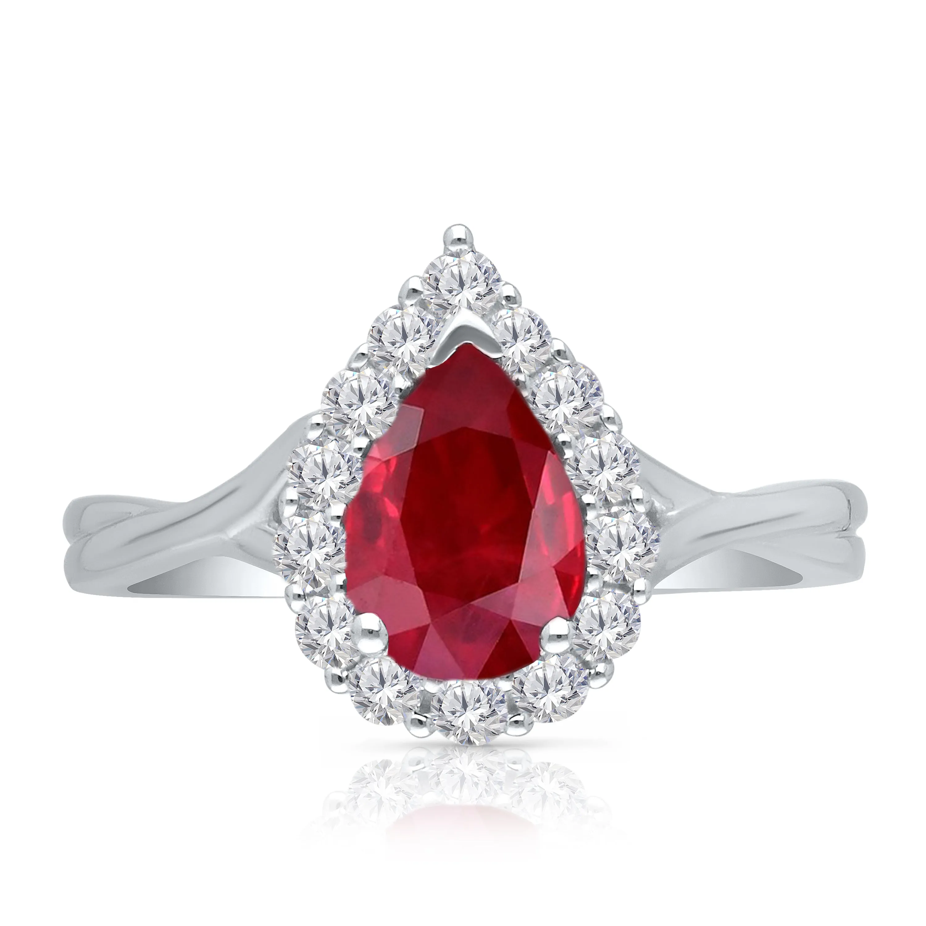 Kallati Heirloom Pear Shaped Ruby & Diamond Ring in 14K White Gold