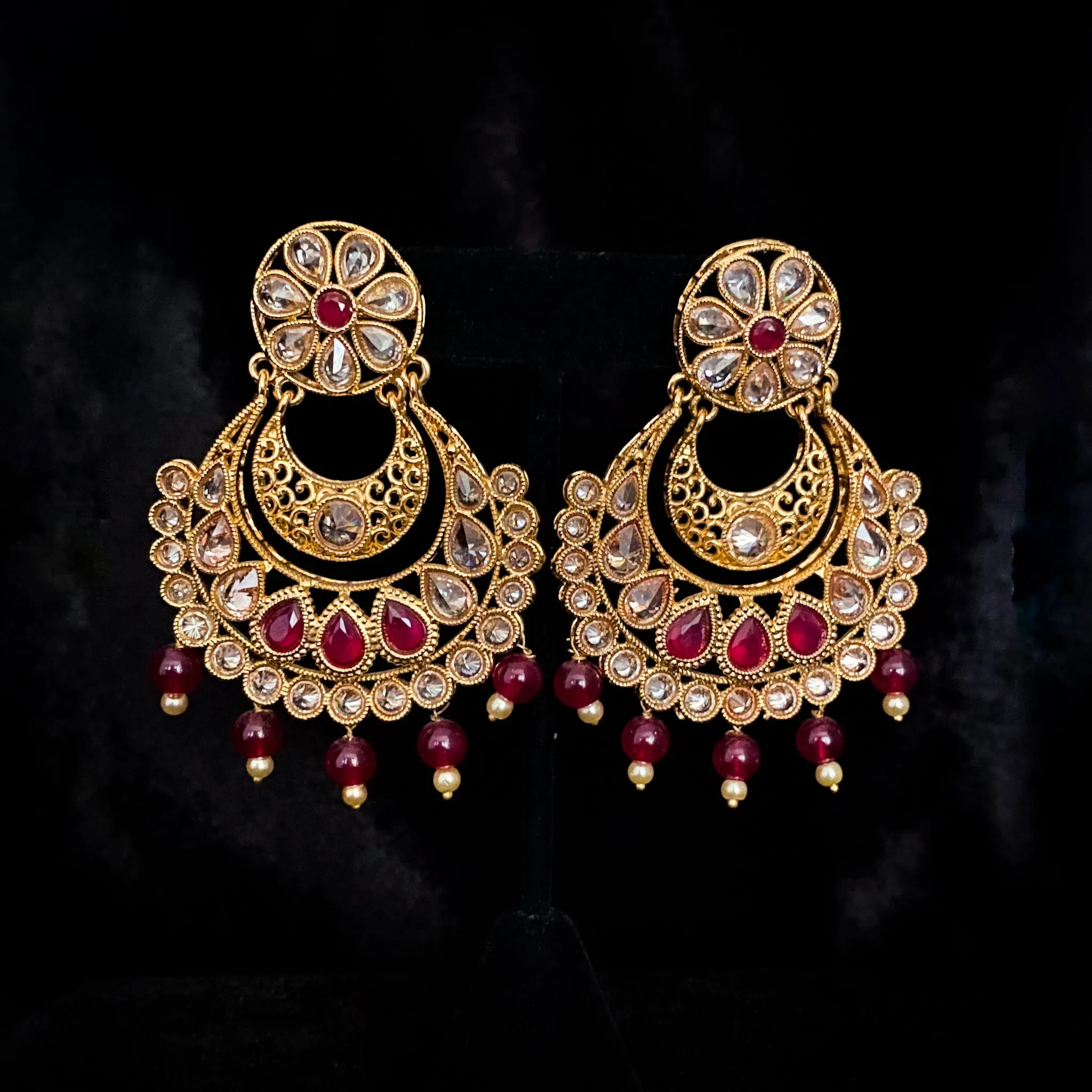 Latest Trendy Antique Gold Chaandbali Earring with LCD stones and Red bead danglers