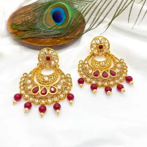 Latest Trendy Antique Gold Chaandbali Earring with LCD stones and Red bead danglers