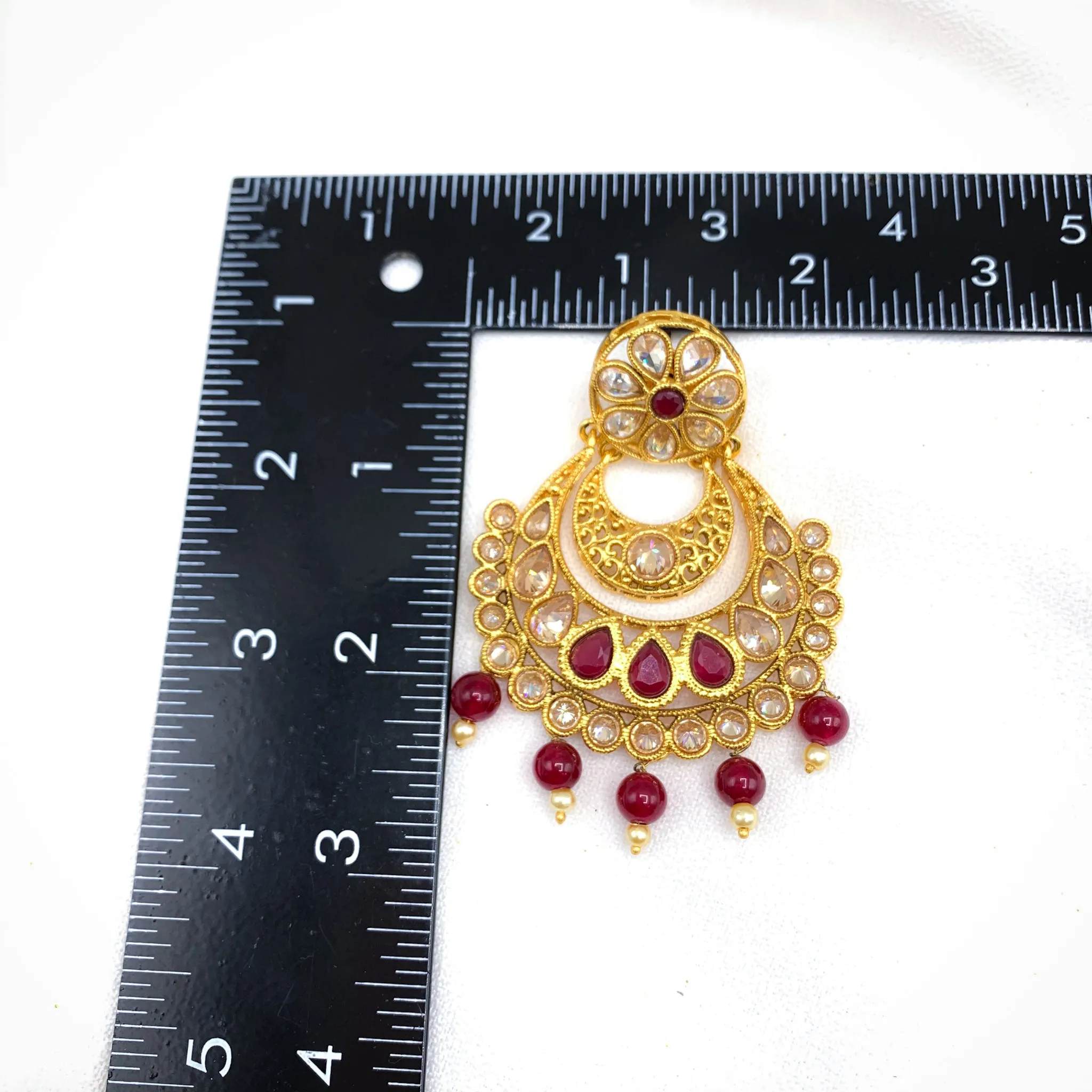 Latest Trendy Antique Gold Chaandbali Earring with LCD stones and Red bead danglers