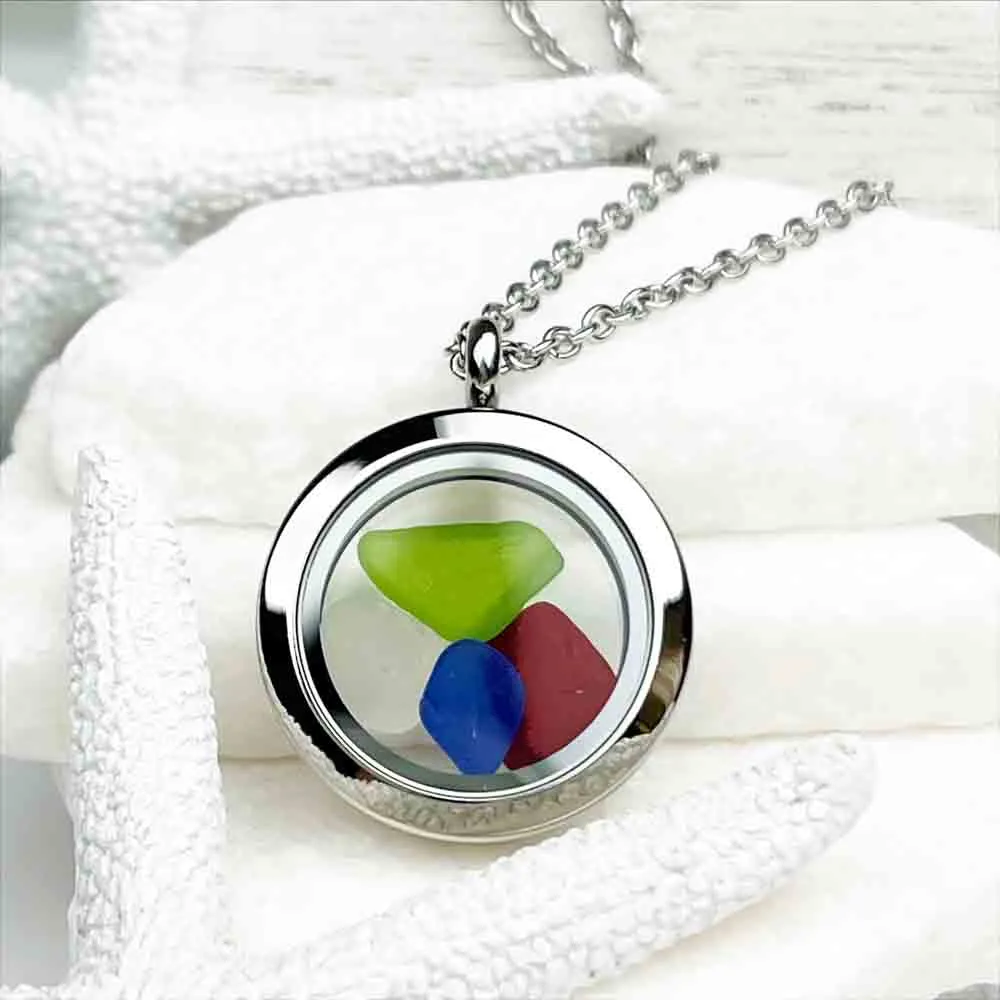 Lime Green, Cobalt Blue, Red, and Clear Sea Glass Porthole Locket | #1897