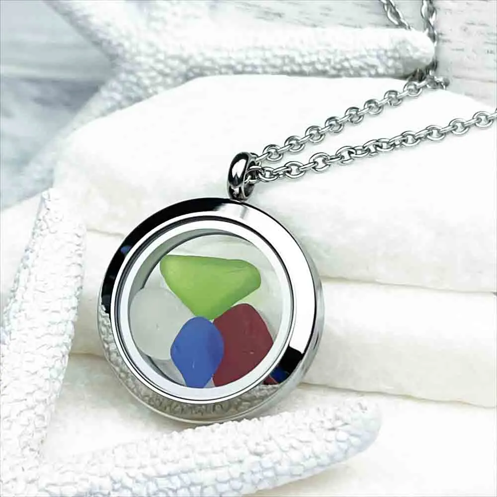 Lime Green, Cobalt Blue, Red, and Clear Sea Glass Porthole Locket | #1897