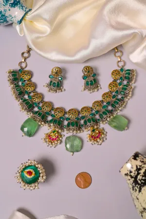 Long Dual-Tone Silver Polish Necklace Set  with Pachi Kundan and Monalisa Cut Stonework