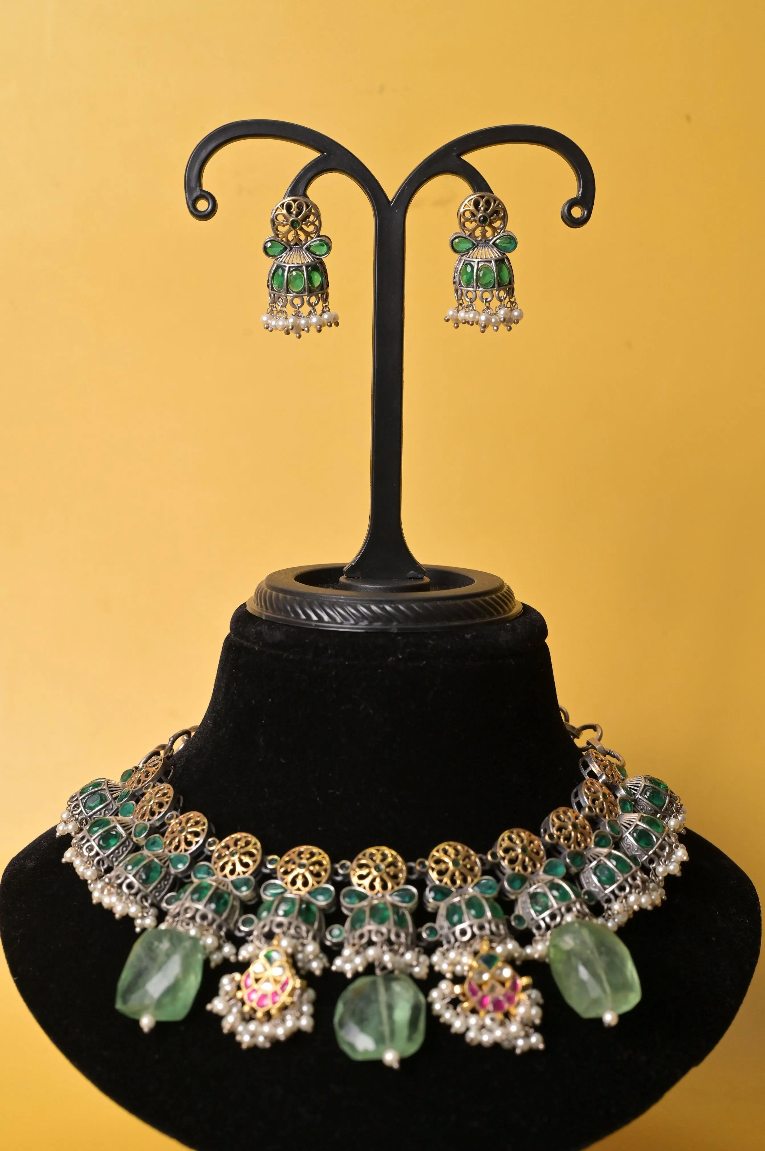 Long Dual-Tone Silver Polish Necklace Set  with Pachi Kundan and Monalisa Cut Stonework