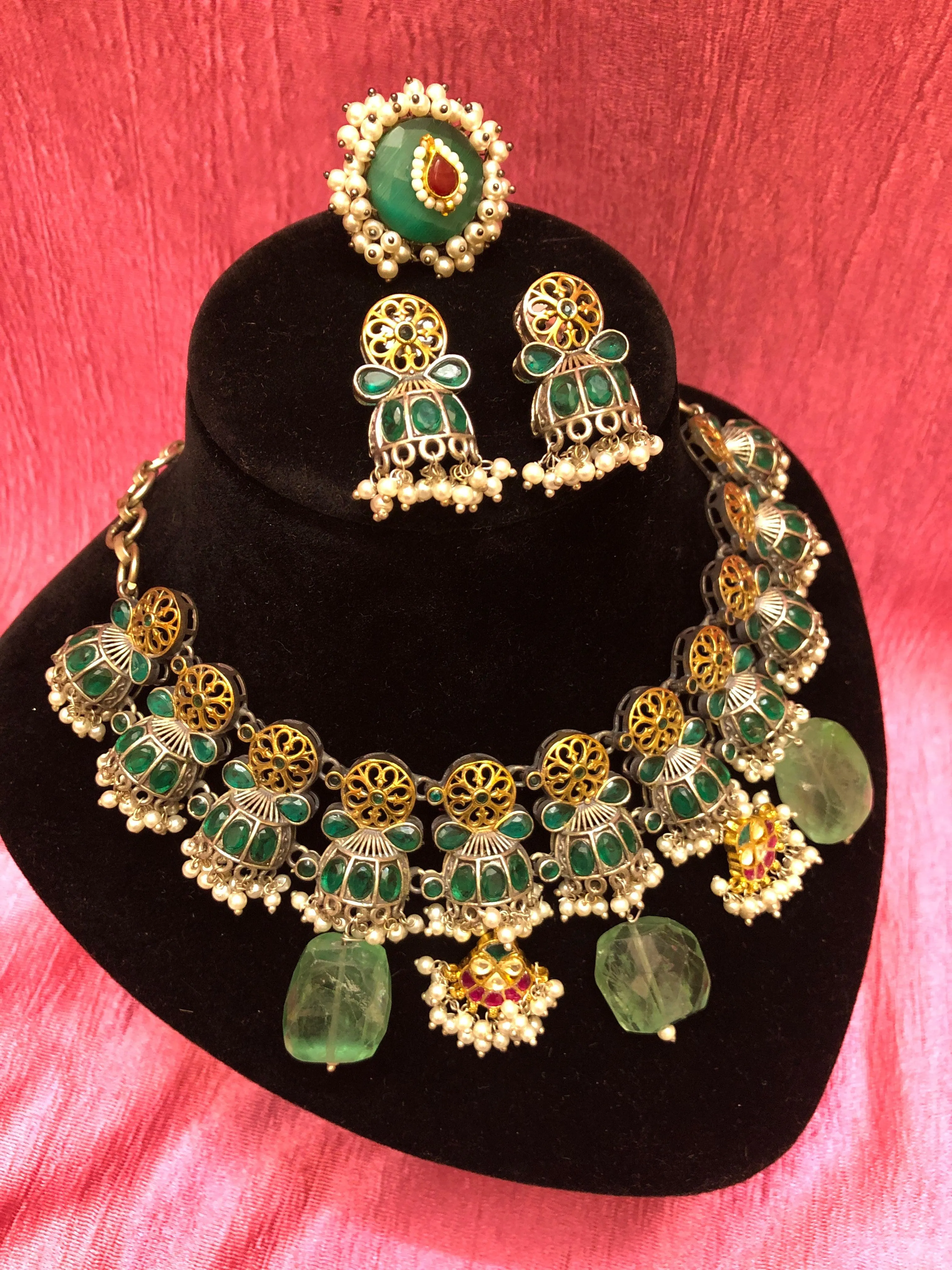 Long Dual-Tone Silver Polish Necklace Set  with Pachi Kundan and Monalisa Cut Stonework