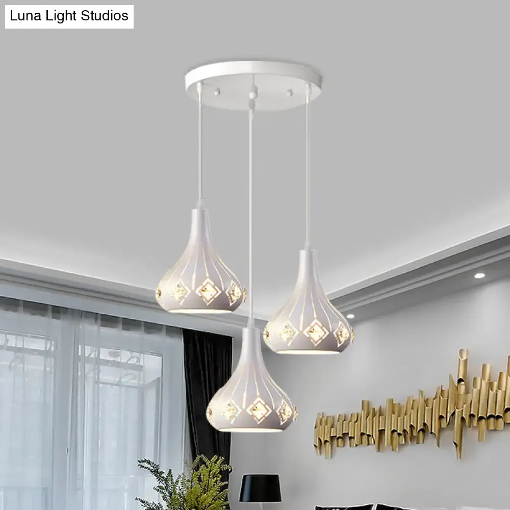 Modern Metal Urn Pendant Light with Crystal Accent - White, 3-Bulb Ceiling Lamp for Restaurants