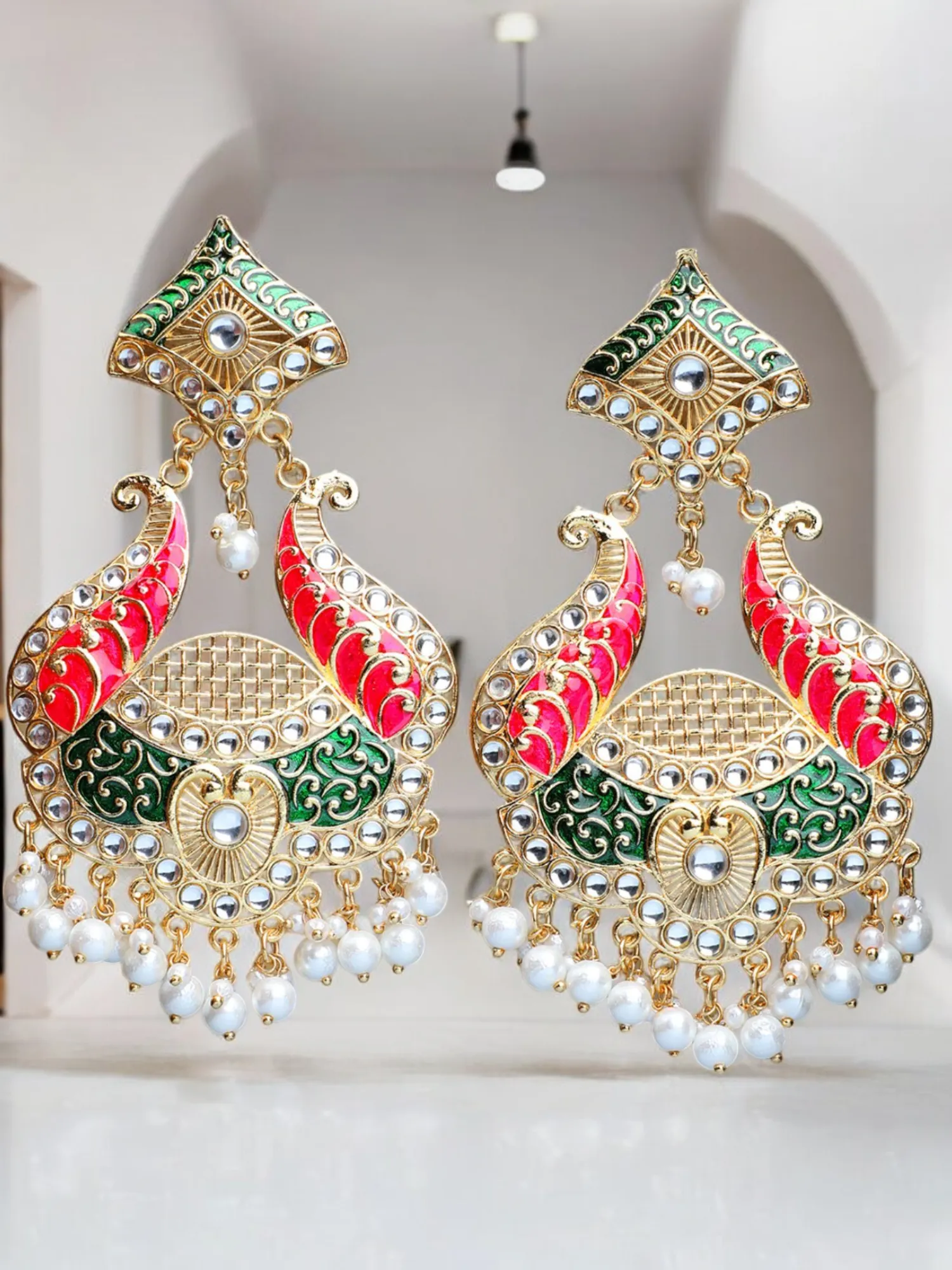 Multi Colour Gold Plated Meenakari Pearl Cluster Earring Set, Indian Jewelry